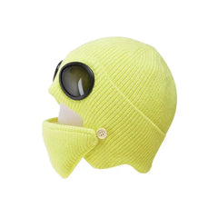 Wool Knitted Beanie with Goggles and Mask Yellow