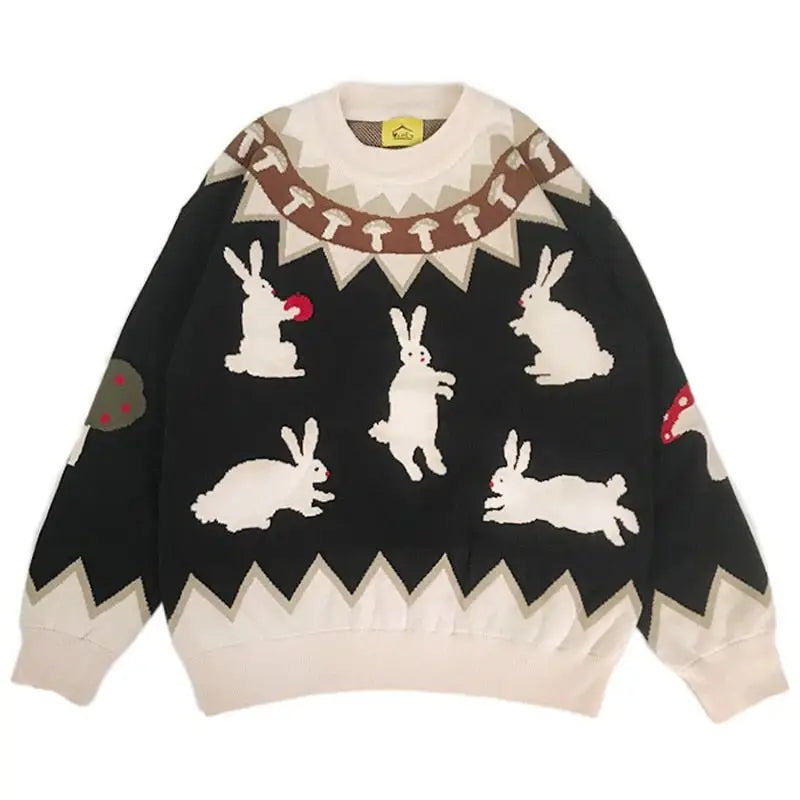Wool Mushroom Knitted Sweater with Rabbit Print Black