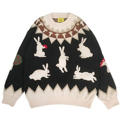 Wool Mushroom Knitted Sweater with Rabbit Print Black