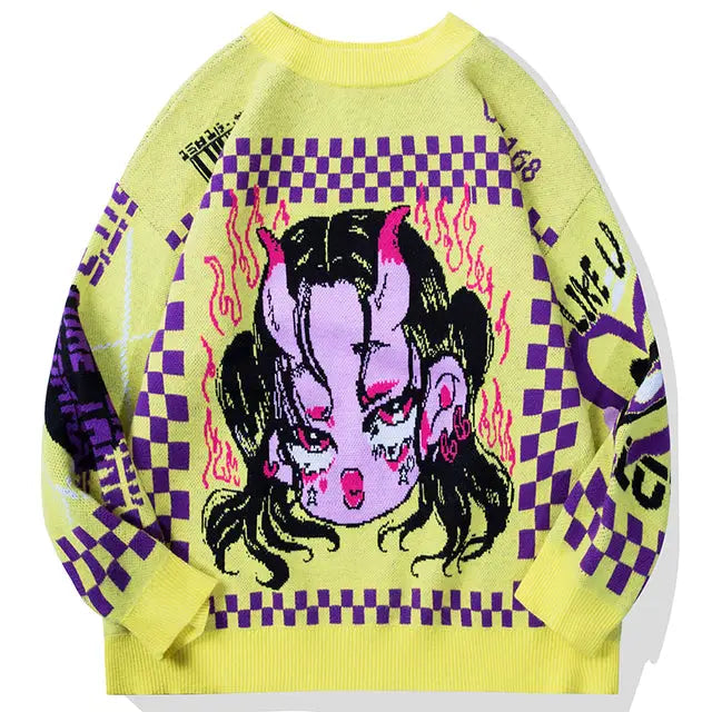 Wool Oversized Japanese Anime Graphic Sweater Yellow / M