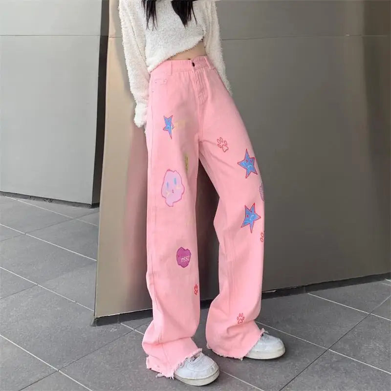 Y2K Aesthetic Embroidered High Waist Wide Leg Pants