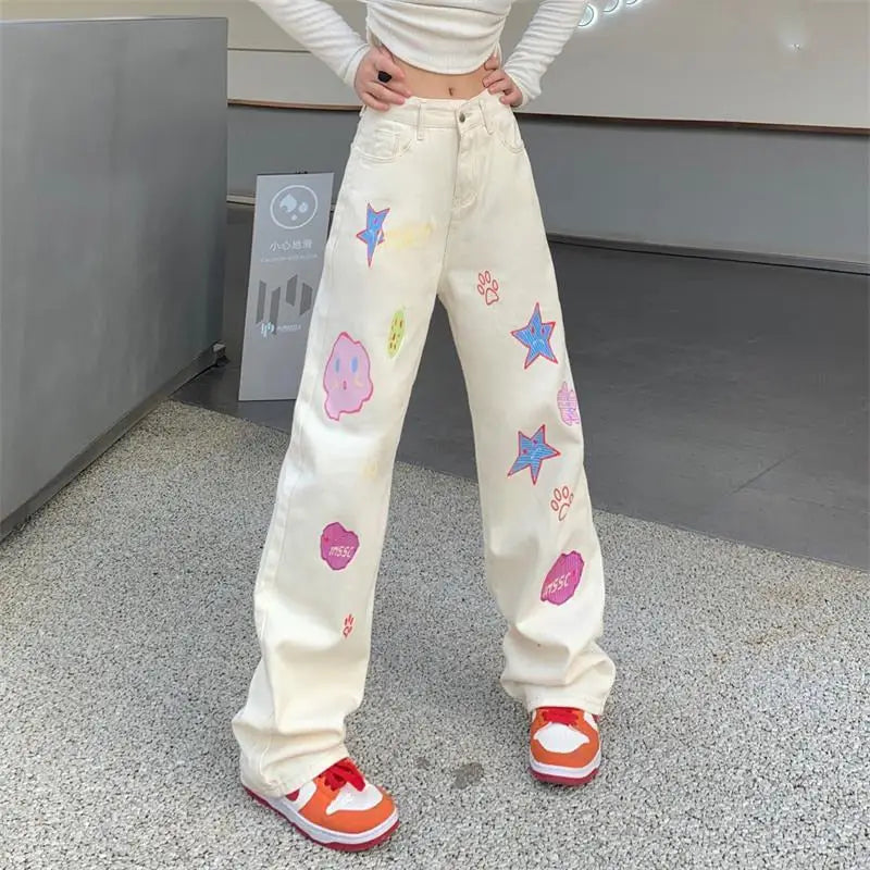 Y2K Aesthetic Embroidered High Waist Wide Leg Pants