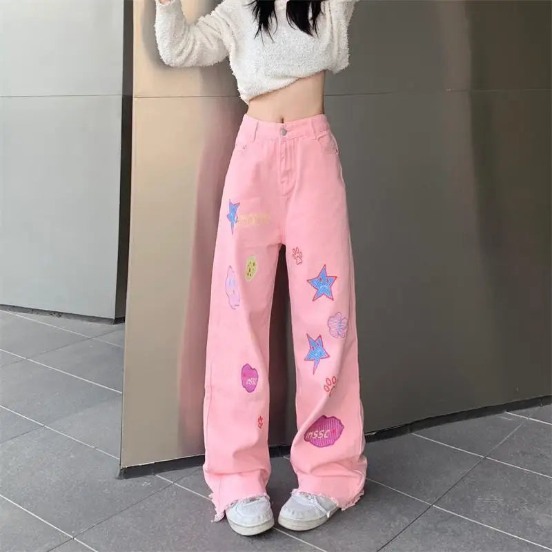 Y2K Aesthetic Embroidered High Waist Wide Leg Pants