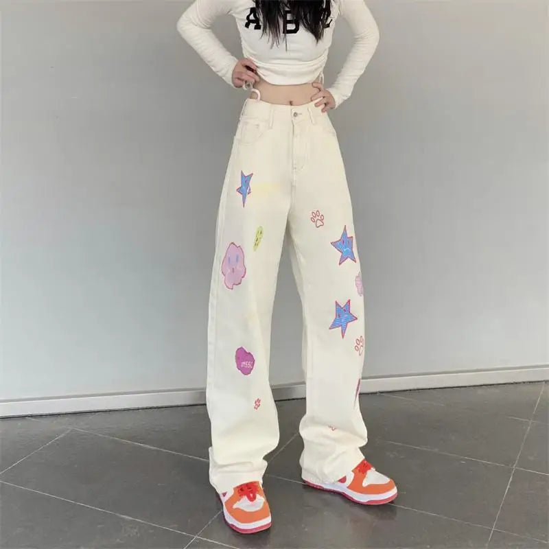 Y2K Aesthetic Embroidered High Waist Wide Leg Pants