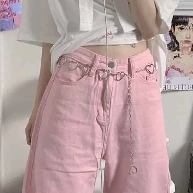 Y2k Baggy Wide Leg Pink Denim Pants