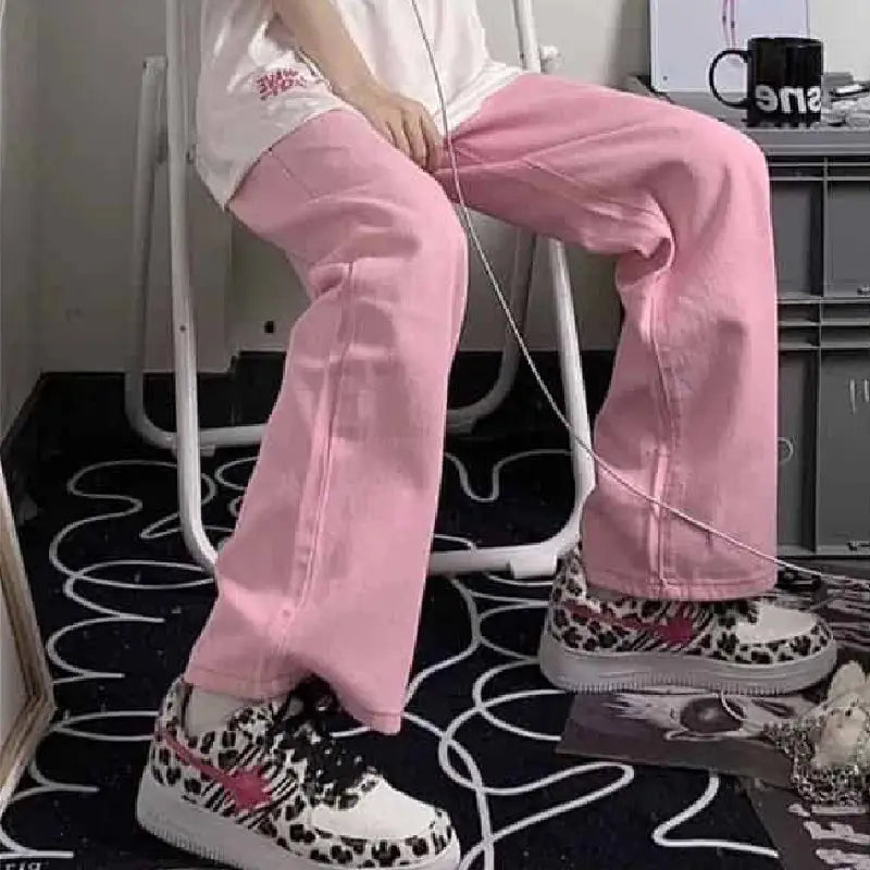 Y2k Baggy Wide Leg Pink Denim Pants