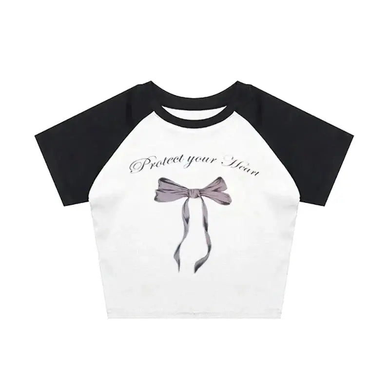Y2k Bow Crop Top Blouse Heart Style Black White / S