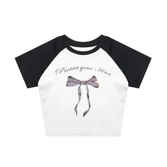 Y2k Bow Crop Top Blouse Heart Style Black White / S