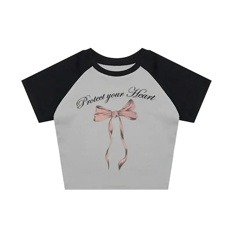 Y2k Bow Crop Top Blouse Heart Style Grey Black / S