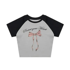 Y2k Bow Crop Top Blouse Heart Style Grey Black / S