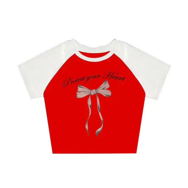 Y2k Bow Crop Top Blouse Heart Style Red White / S
