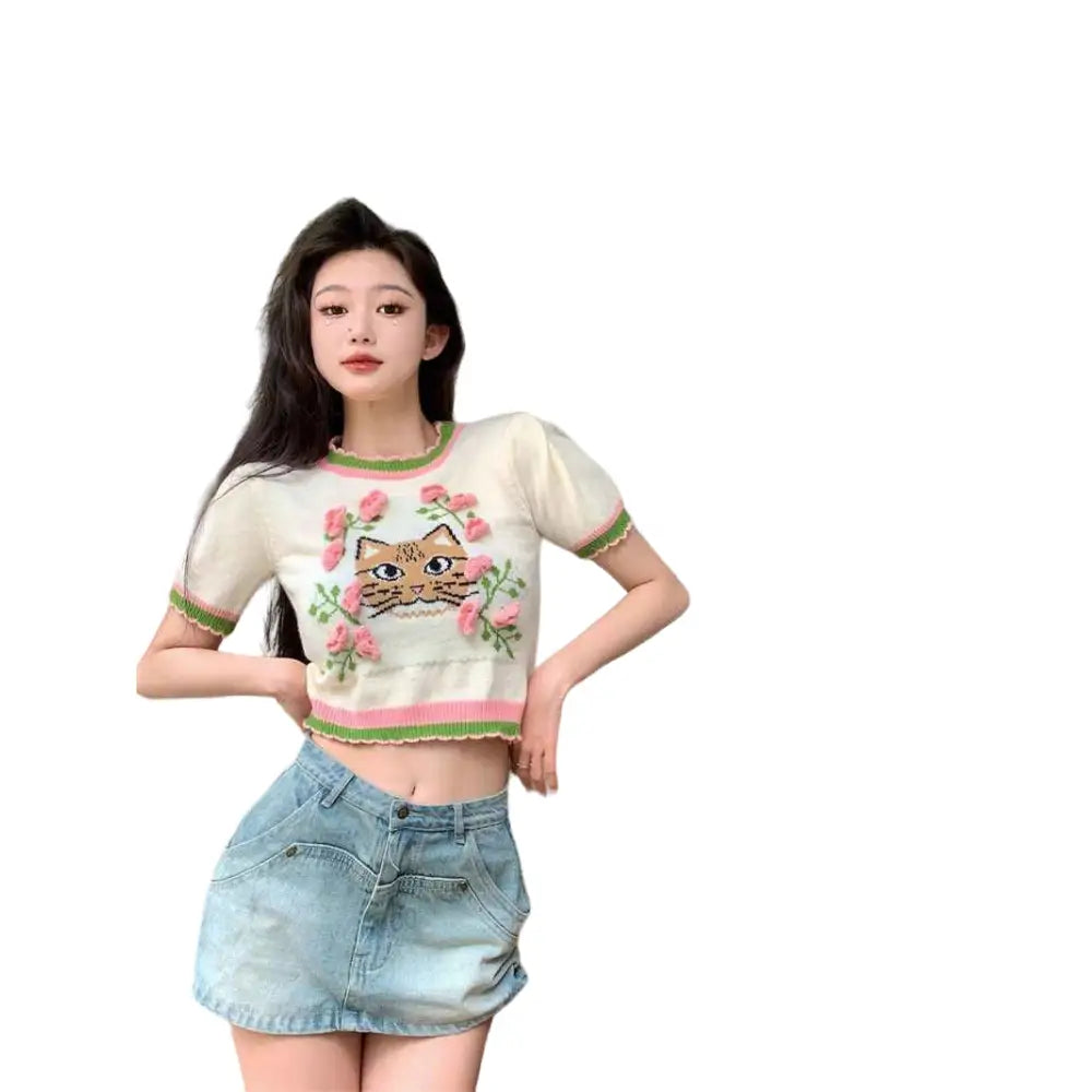 Y2K Cat Embroidery Knitted Crop Top