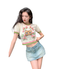 Y2K Cat Embroidery Knitted Crop Top