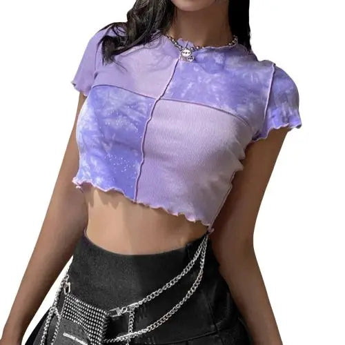 Y2k Chic Patchwork Crop Top Slim Fit Shirt Purple / S