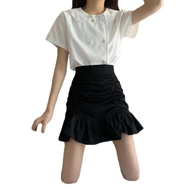 Y2K Elastic High Waist A Line Folds Skirt - Black / S