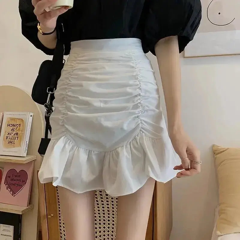 Y2K Elastic High Waist A Line Folds Skirt - White / S