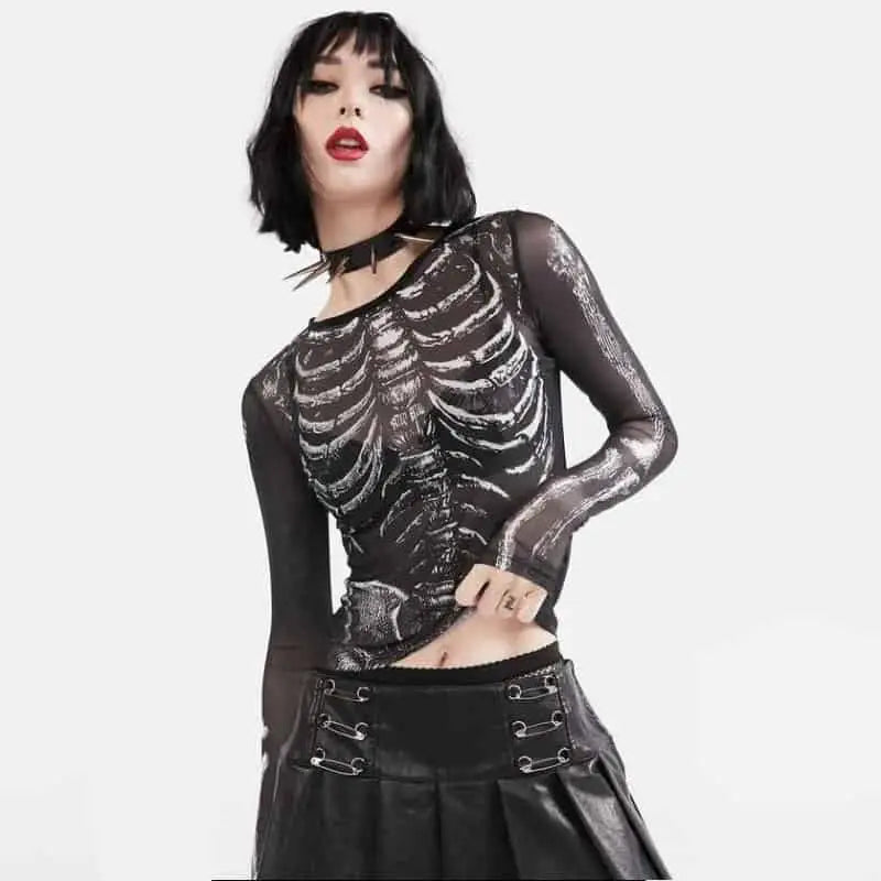 Y2k Gothic Bone Print Black Mesh Sheer Long Sleeve Jersey