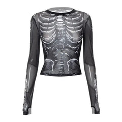 Y2k Gothic Bone Print Black Mesh Sheer Long Sleeve Jersey