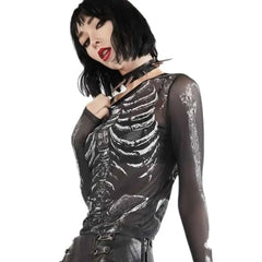 Y2k Gothic Bone Print Black Mesh Sheer Long Sleeve Jersey