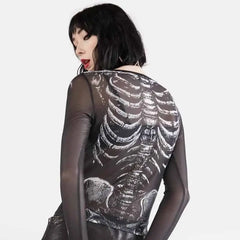 Y2k Gothic Bone Print Black Mesh Sheer Long Sleeve Jersey