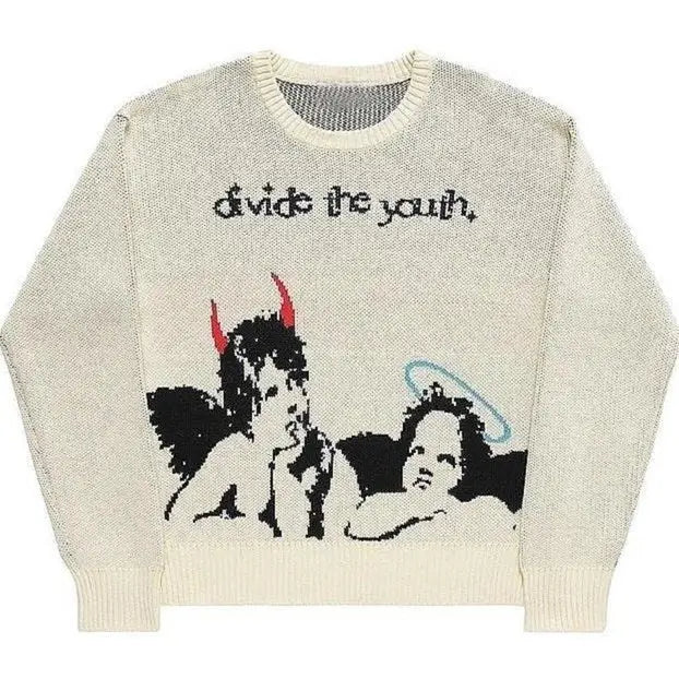 Y2K Gothic Sweater with Cartoon Print O-Neck Cotton Blend