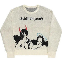 Y2K Gothic Sweater with Cartoon Print O-Neck Cotton Blend