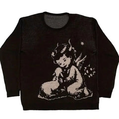 Y2K Gothic Sweater with Cartoon Print O-Neck Cotton Blend