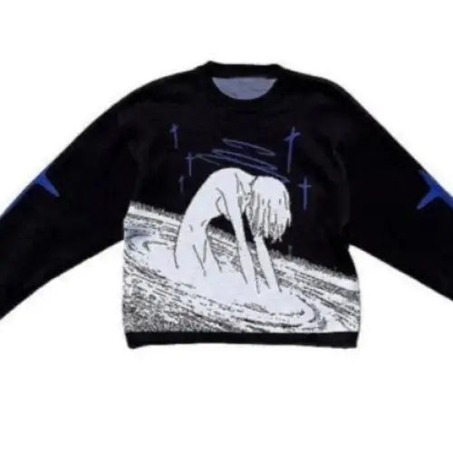 Y2K Gothic Sweater with Cartoon Print O-Neck Cotton Blend