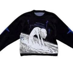 Y2K Gothic Sweater with Cartoon Print O-Neck Cotton Blend