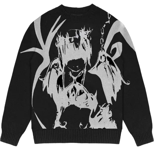 Y2K Gothic Sweater with Cartoon Print O-Neck Cotton Blend