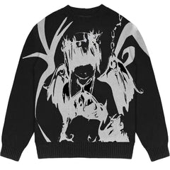 Y2K Gothic Sweater with Cartoon Print O-Neck Cotton Blend