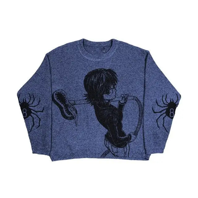 Y2K Gothic Sweater with Cartoon Print O-Neck Cotton Blend