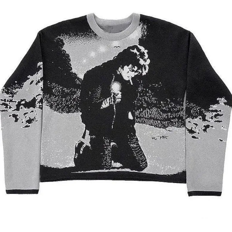 Y2K Gothic Sweater with Cartoon Print O-Neck Cotton Blend