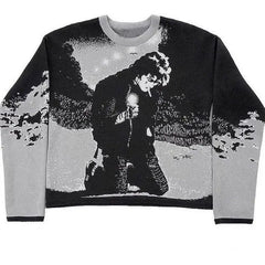 Y2K Gothic Sweater with Cartoon Print O-Neck Cotton Blend