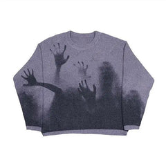Y2K Gothic Sweater with Cartoon Print O-Neck Cotton Blend