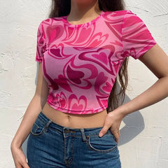 Y2K Heart Mesh O Neck Short Sleeve Crop Top