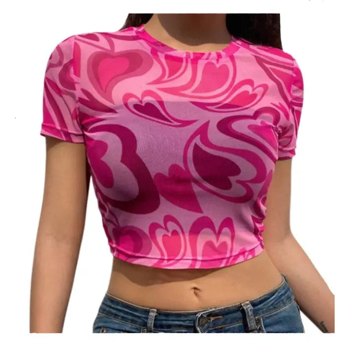 Y2K Heart Mesh O Neck Short Sleeve Crop Top