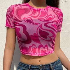 Y2K Heart Mesh O Neck Short Sleeve Crop Top