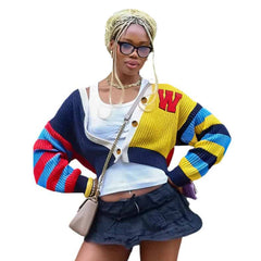 Y2K Letter V Neck Striped Knitted Cardigan Multicolor / S