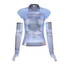 Y2K Lost Cat Letter Mesh Long Sleeve Top