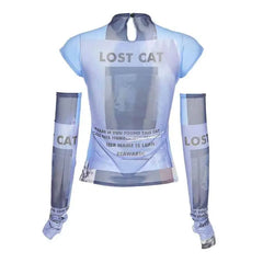 Y2K Lost Cat Letter Mesh Long Sleeve Top