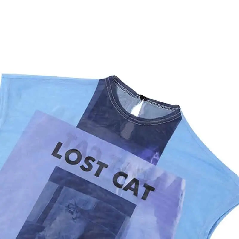 Y2K Lost Cat Letter Mesh Long Sleeve Top