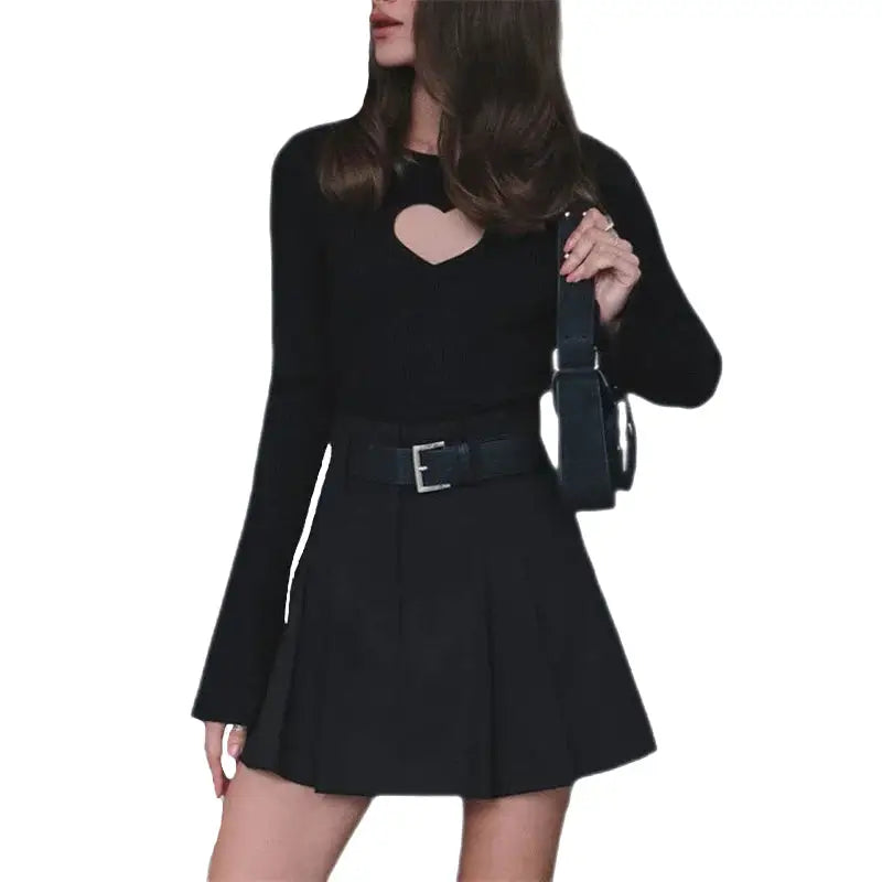 Y2K O-Neck Long Sleeve Heart Shape Skirt Set - Black / S