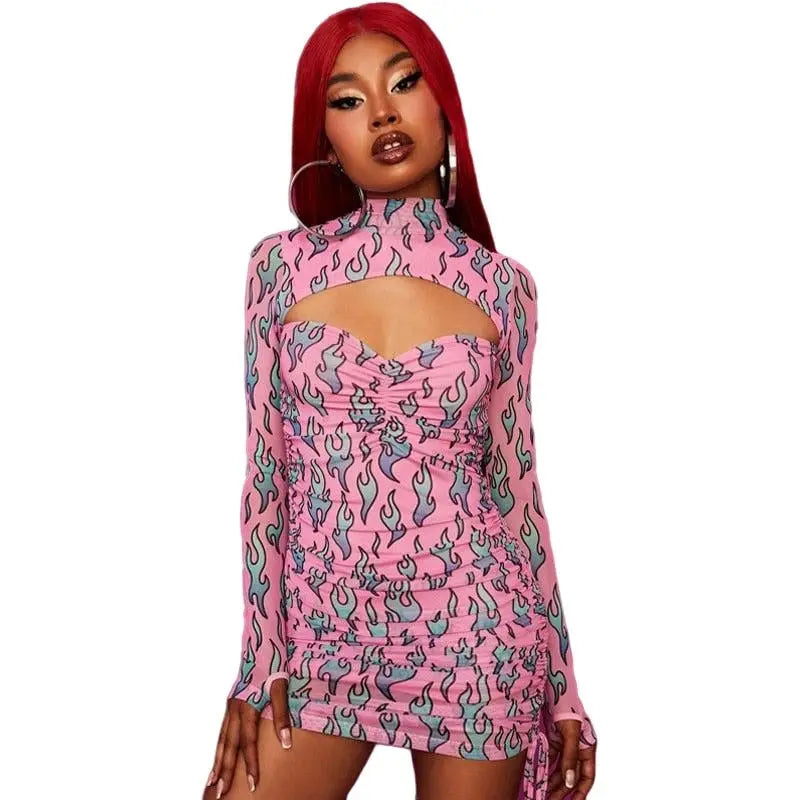 Y2K Pink Flame Pattern Long Sleeve Dress