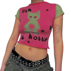 Y2K Print Short Sleeve Crop Tops