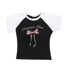 Y2K Protect Your Heart Bow Top Blouse - Black White / S