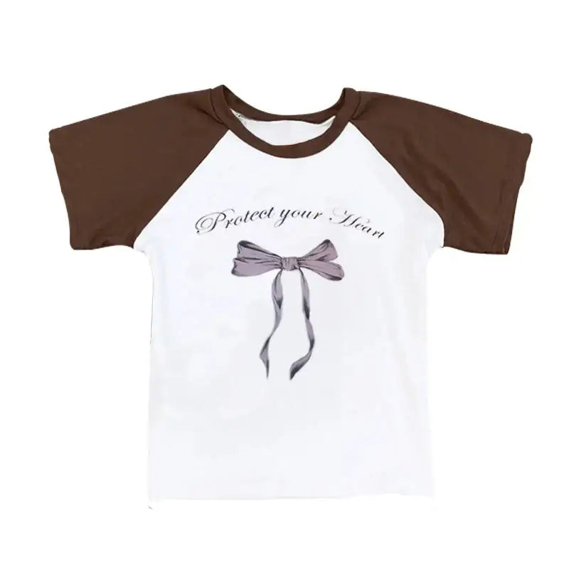Y2K Protect Your Heart Bow Top Blouse - Brown White / S