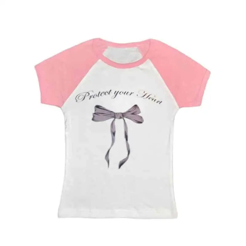 Y2K Protect Your Heart Bow Top Blouse - Pink White / S - top