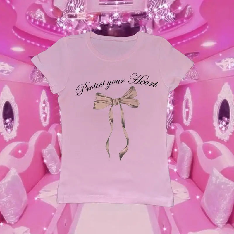 Y2K Protect Your Heart O Neck Bow T Shirt - Pink / S