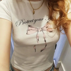 Y2K Protect Your Heart O Neck Bow T Shirt - Shirts